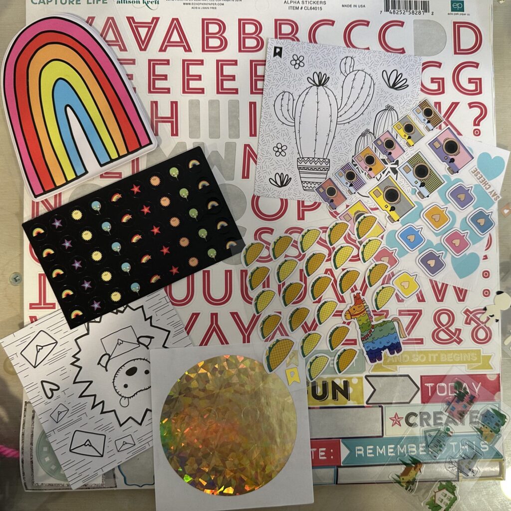 Collection of various stickers.