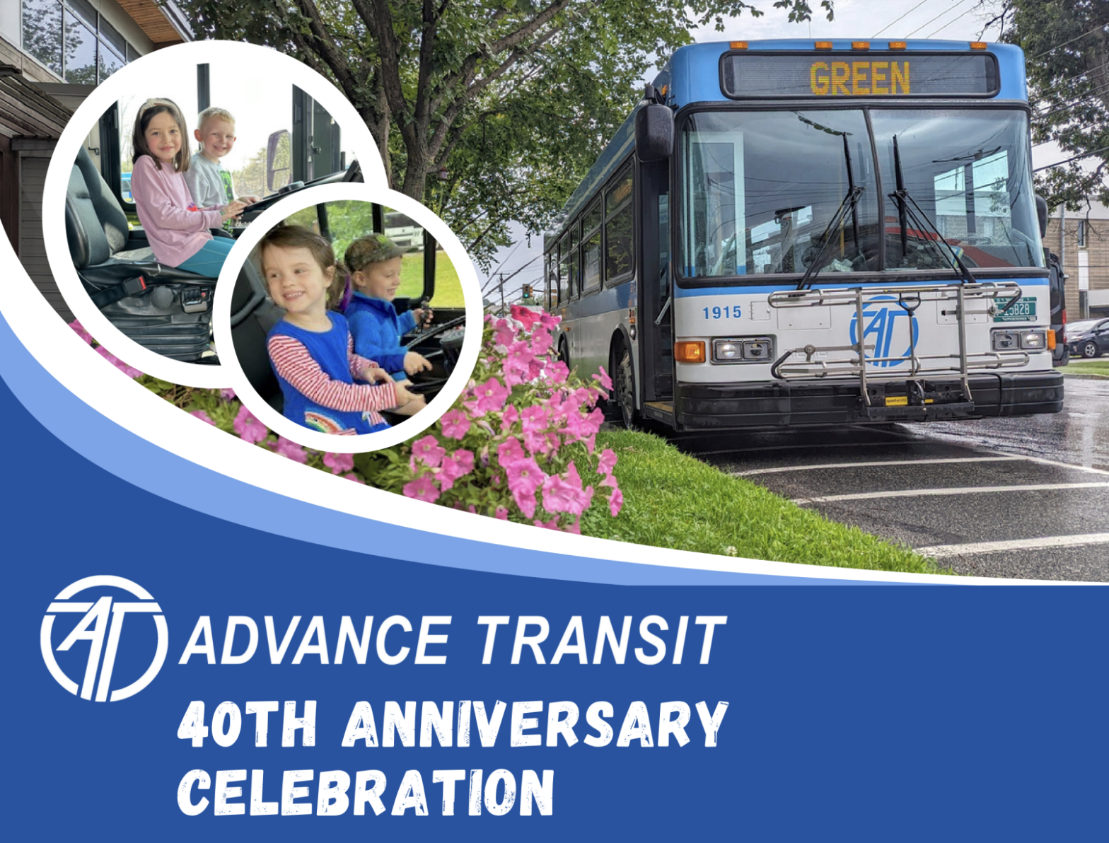 Photo of a bus and kids in the bus with "Advance Transit 40th Anniversary Celebration" written under the photos.