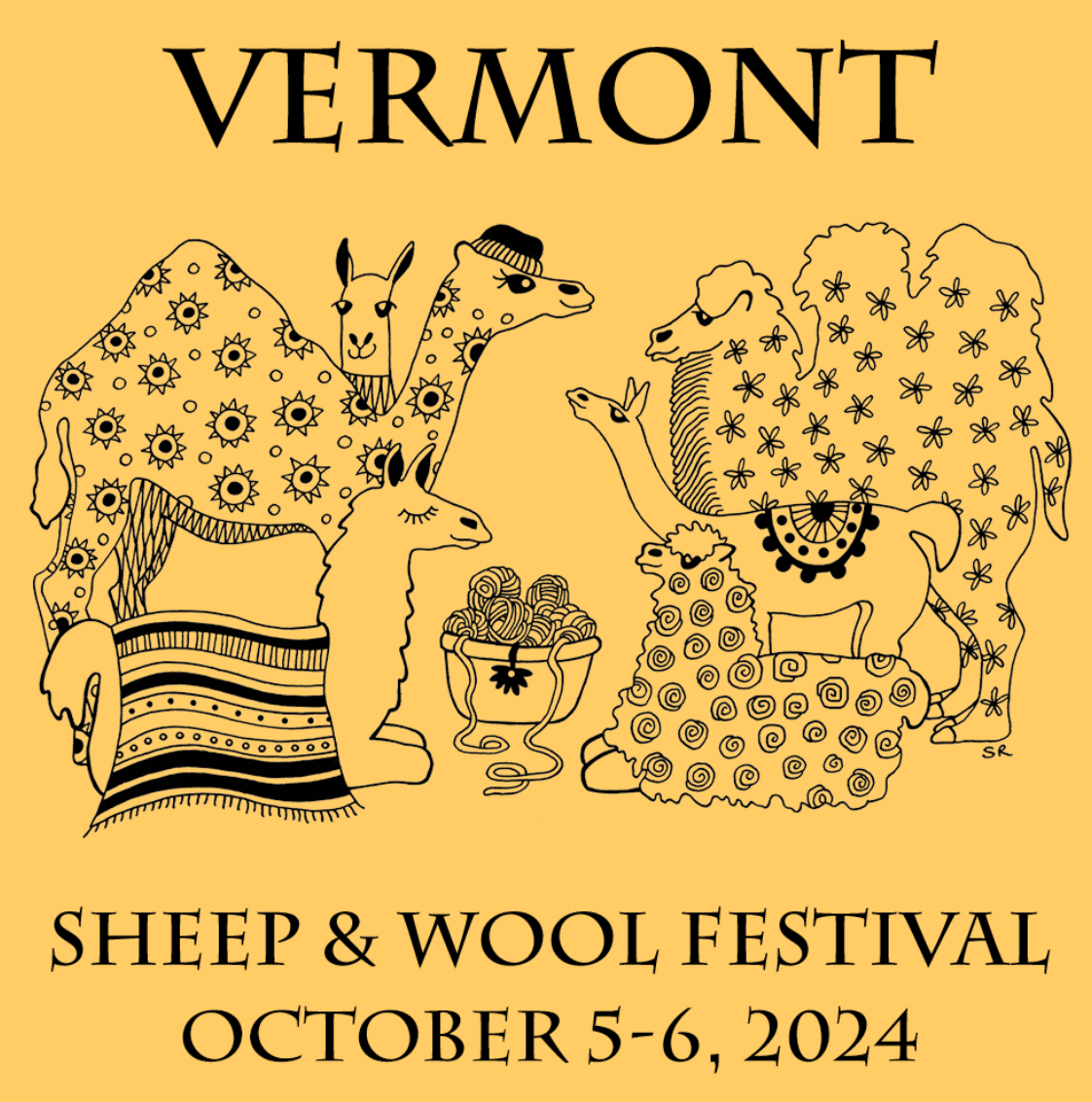 A bright yellow flyer for the Vermont Sheep & Wool Festival, held on October 5-6, 2024. The illustration features a variety of animals associated with fiber arts, including a sheep, llama, camel, and alpaca, all covered in intricate patterns. In the center is a basket of yarn with knitting needles. The text at the top reads "Vermont," and the bottom announces the event details: "Sheep & Wool Festival, October 5-6, 2024." The overall aesthetic is whimsical and playful, with a hand-drawn feel.